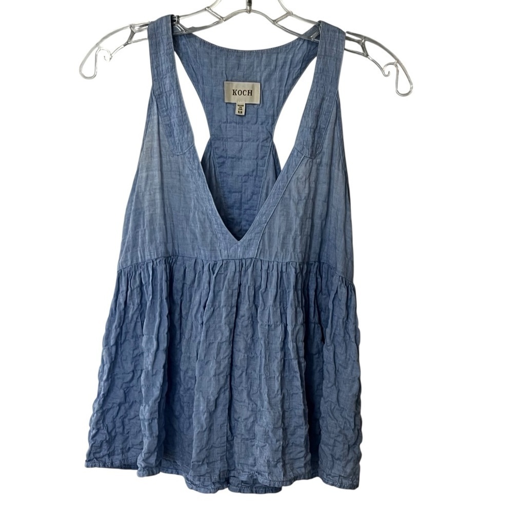 KOCH Blue White Pinstripe Slub Cotton Flounce Babydoll Racerback Tank Top XS - Picture 4 of 10